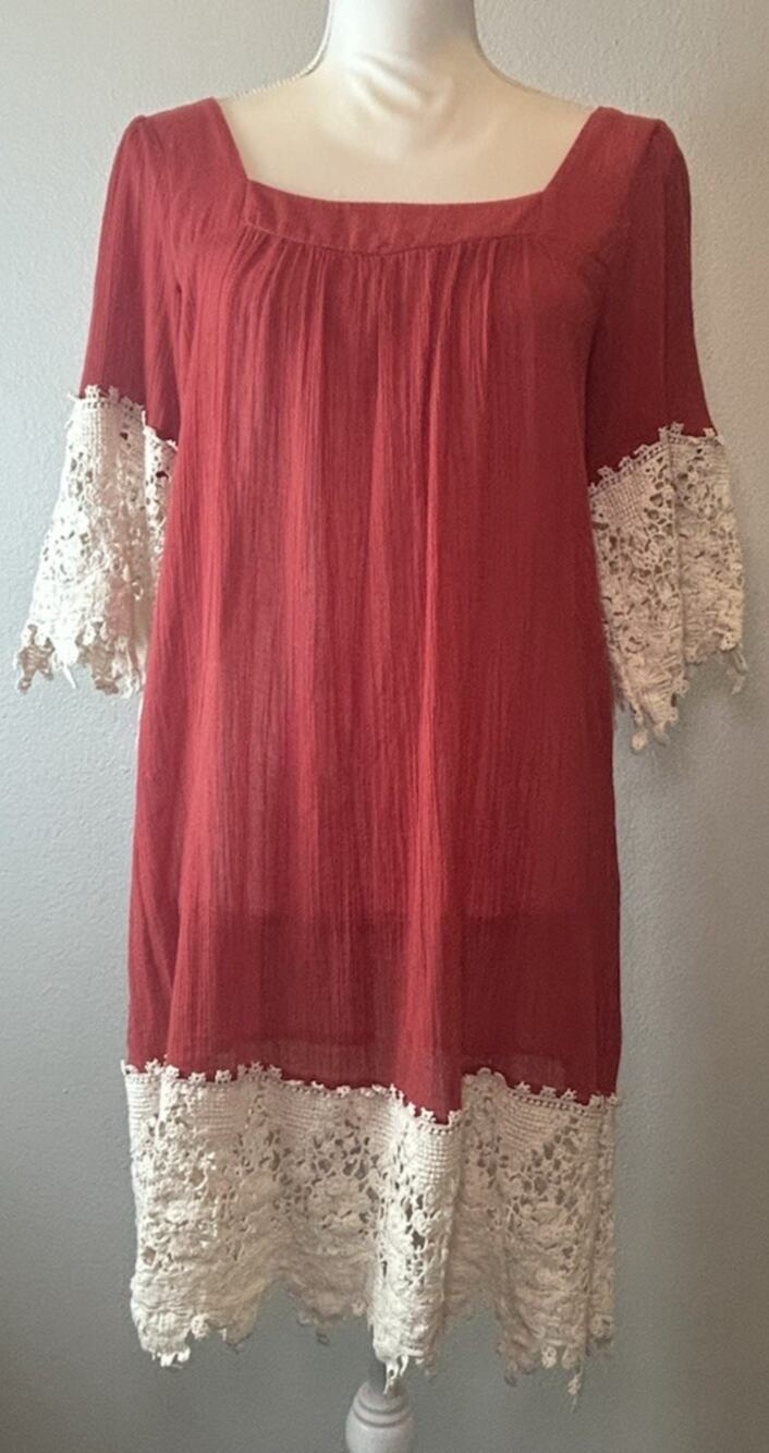 Umgee Boho Crochet Lace Tunic Dress Medium Rust Red Orange